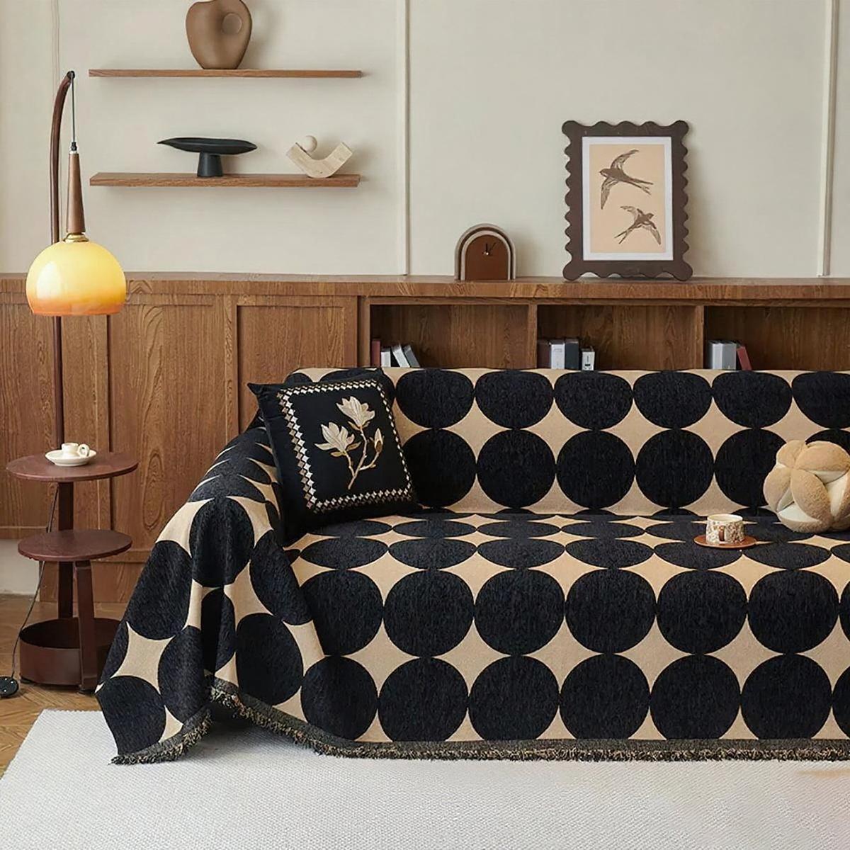 Mid-Century Geometric Sofacover, Retro Chunky Chenille Polka Dot Sofa Throw