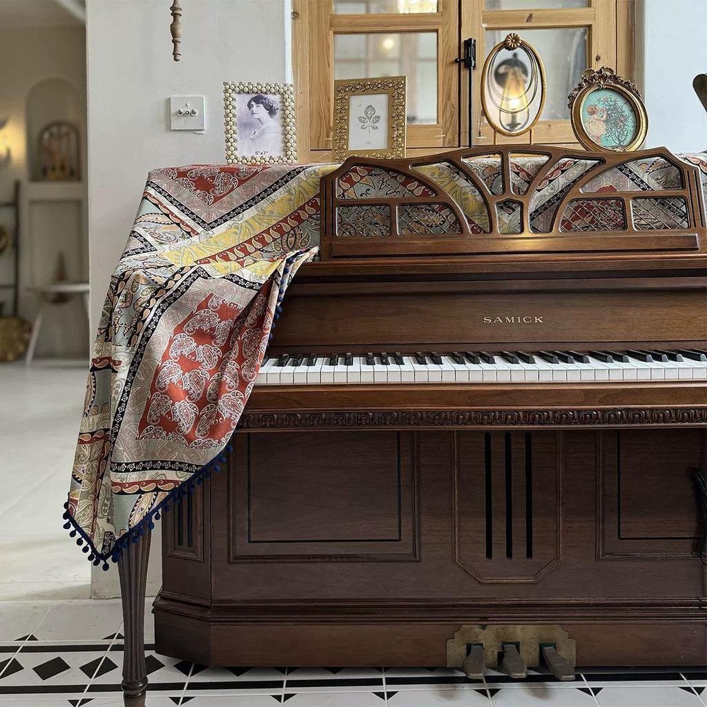 Paisley Piano Dust Cover with Navy Tassels: Piano Protector