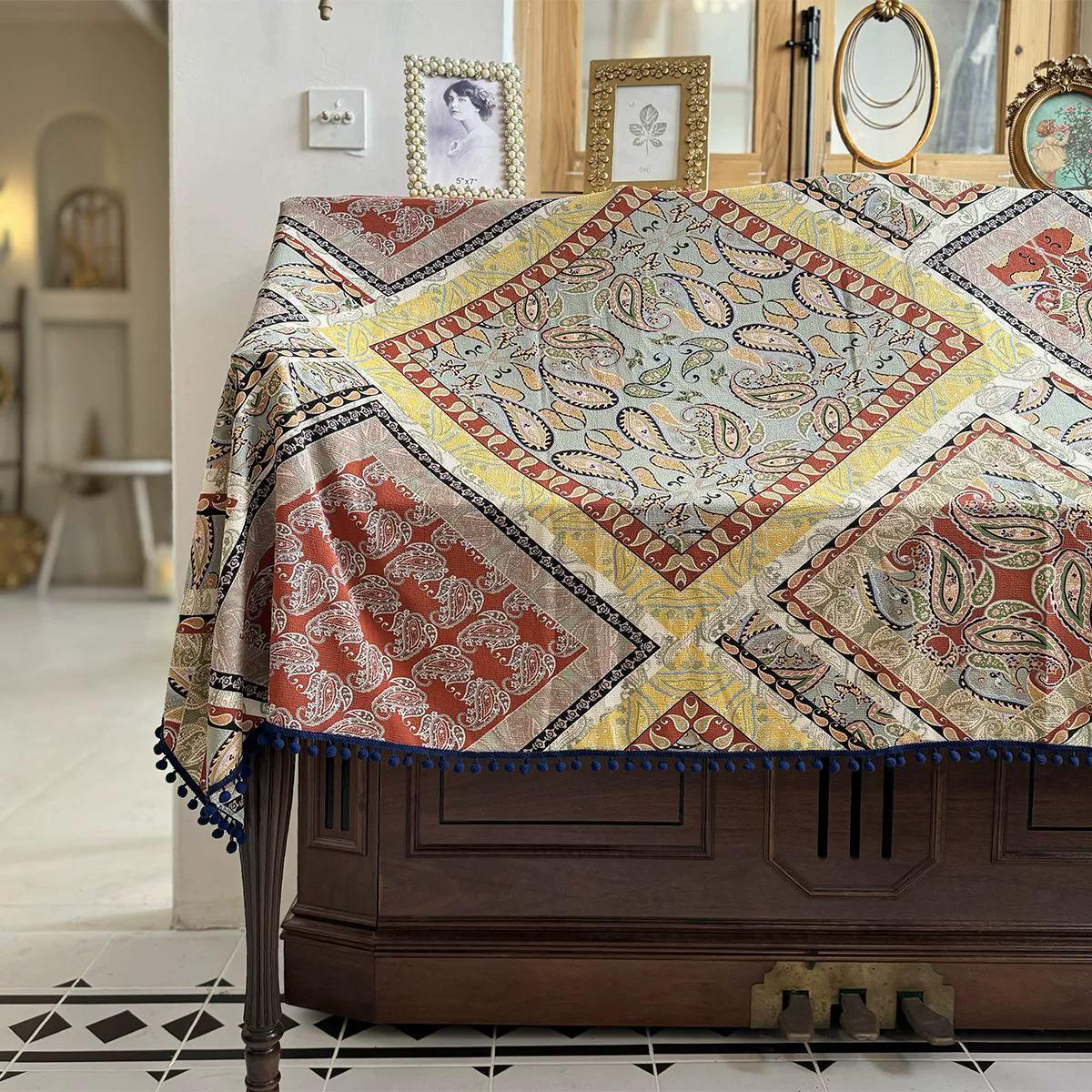 Paisley Piano Dust Cover with Navy Tassels: Piano Protector