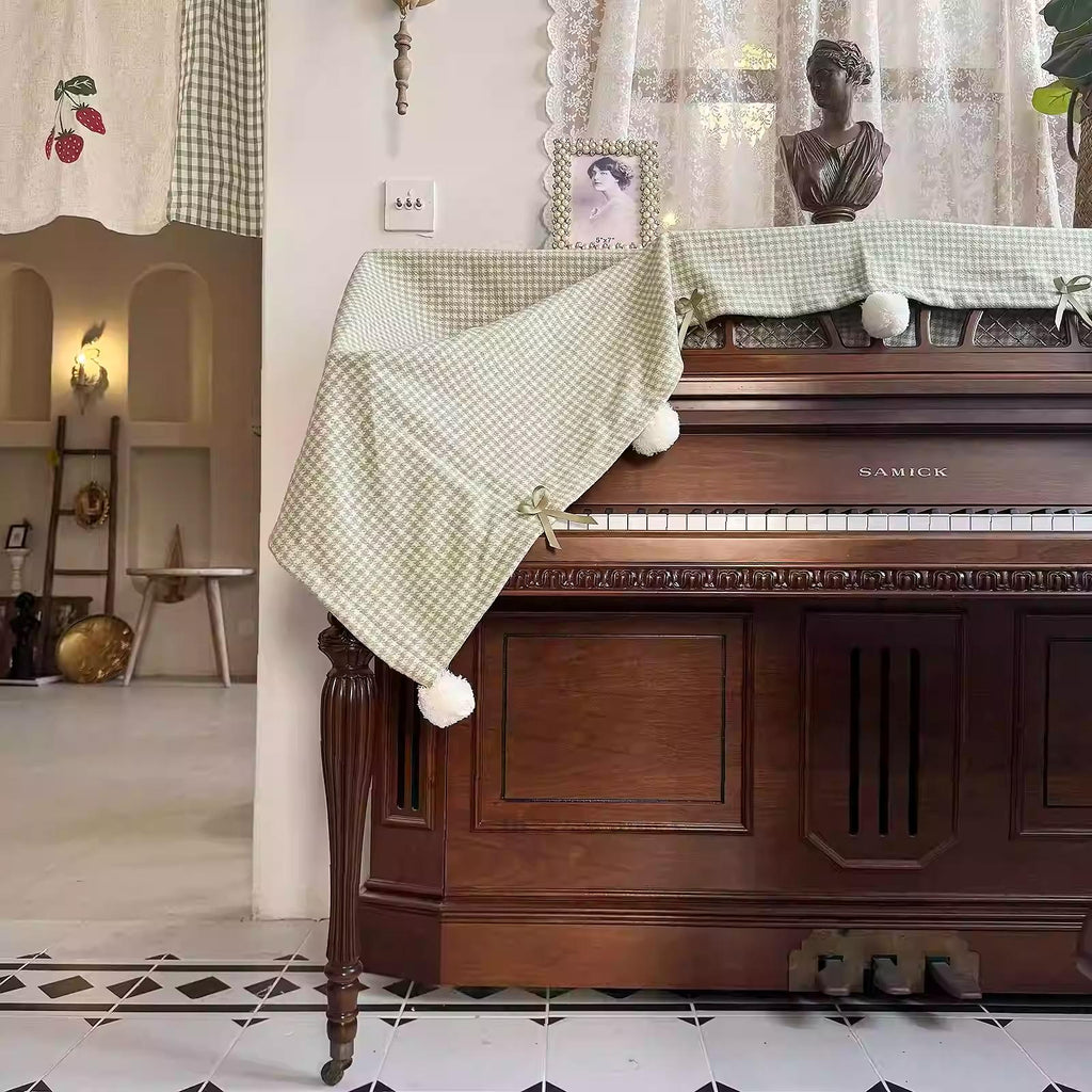 Houndstooth Jacquard Piano Dust Cover: Bows & Pom Poms, Elegant Piano Protector