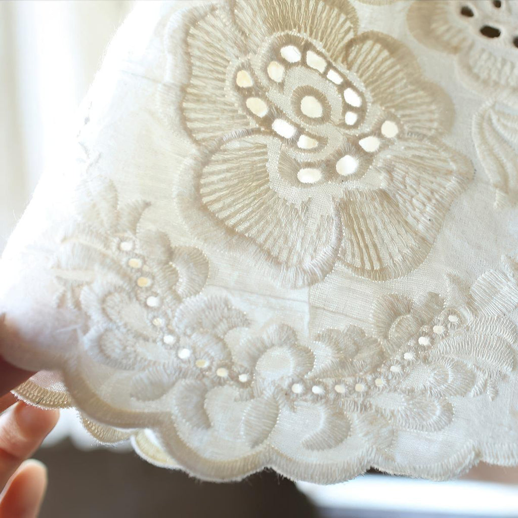 Beige Cotton Cutwork Cafe Curtain: Floral Embroidery, Fixed Height 53cm(21'')