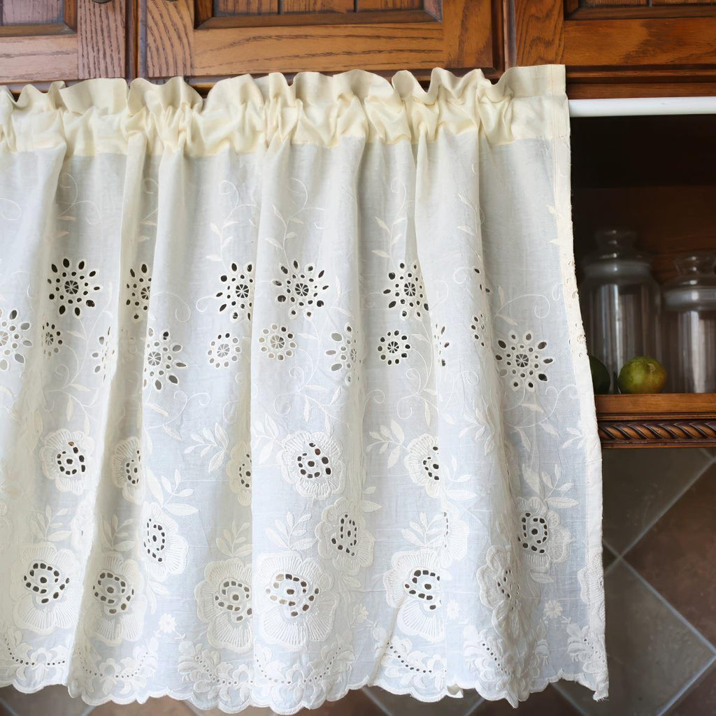 Beige Cotton Cutwork Cafe Curtain: Floral Embroidery, Fixed Height 53cm(21'')