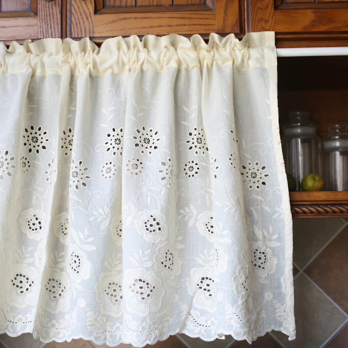Beige Cotton Cutwork Cafe Curtain: Floral Embroidery, Fixed Height 53cm(21'')