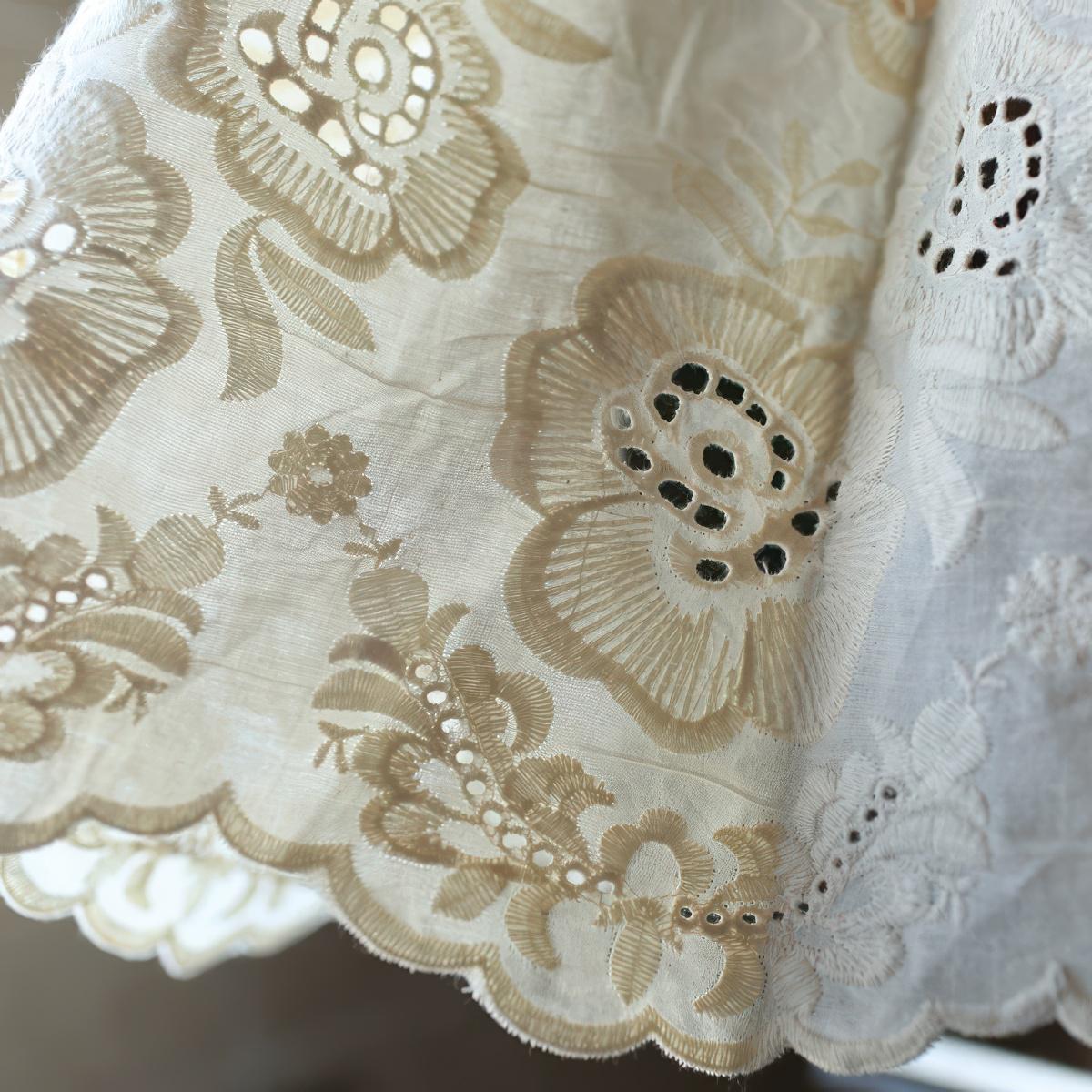 Beige Cotton Cutwork Cafe Curtain: Floral Embroidery, Fixed Height 53cm(21'')