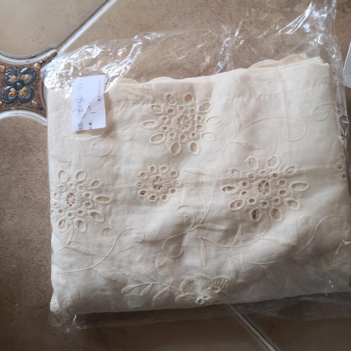 Beige Cotton Cutwork Cafe Curtain: Floral Embroidery, Fixed Height 53cm(21'')