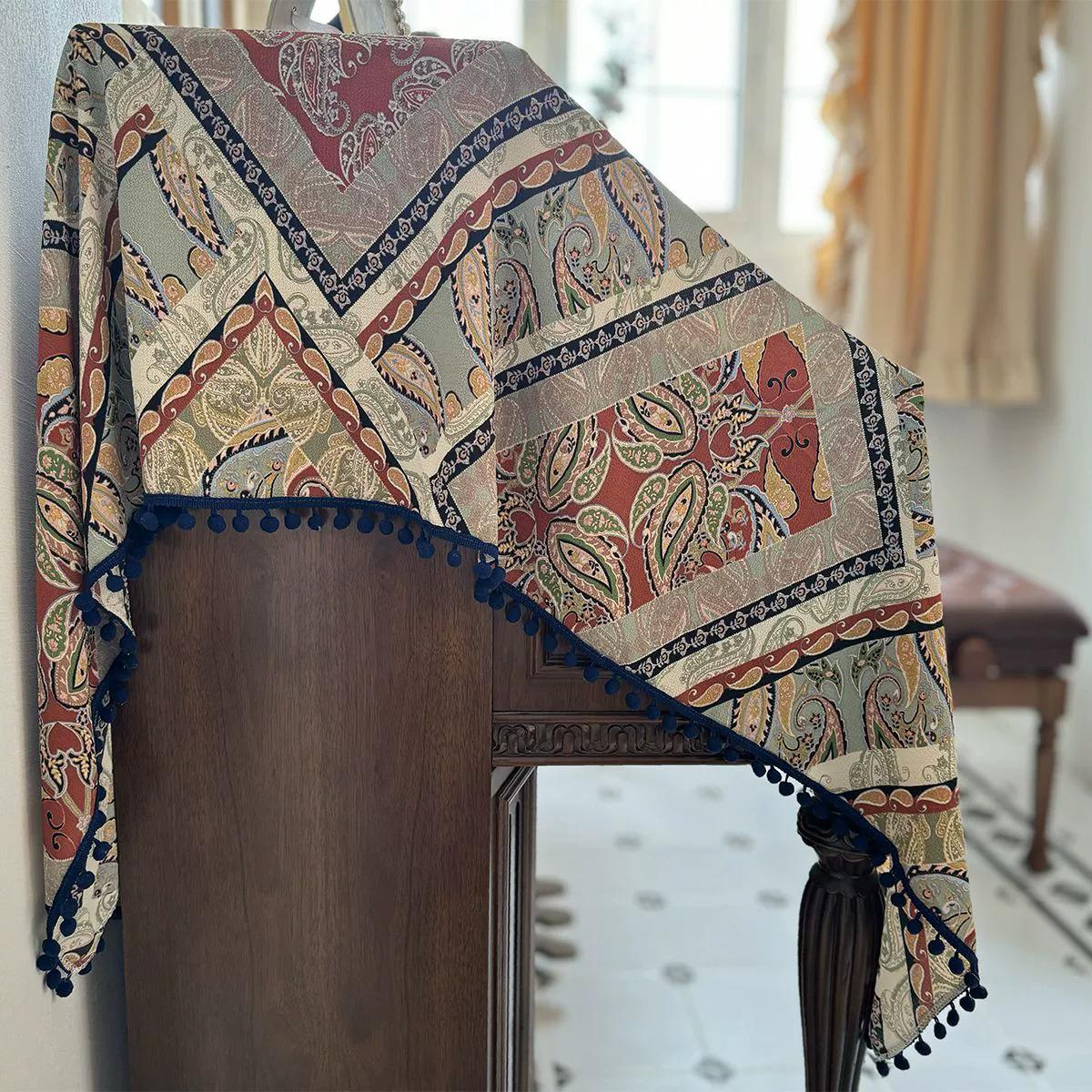 Paisley Piano Dust Cover with Navy Tassels: Piano Protector