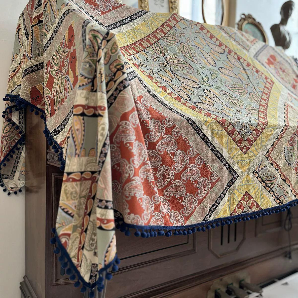 Paisley Piano Dust Cover with Navy Tassels: Piano Protector