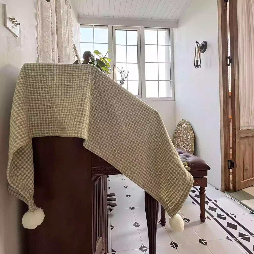 Houndstooth Jacquard Piano Dust Cover: Bows & Pom Poms, Elegant Piano Protector