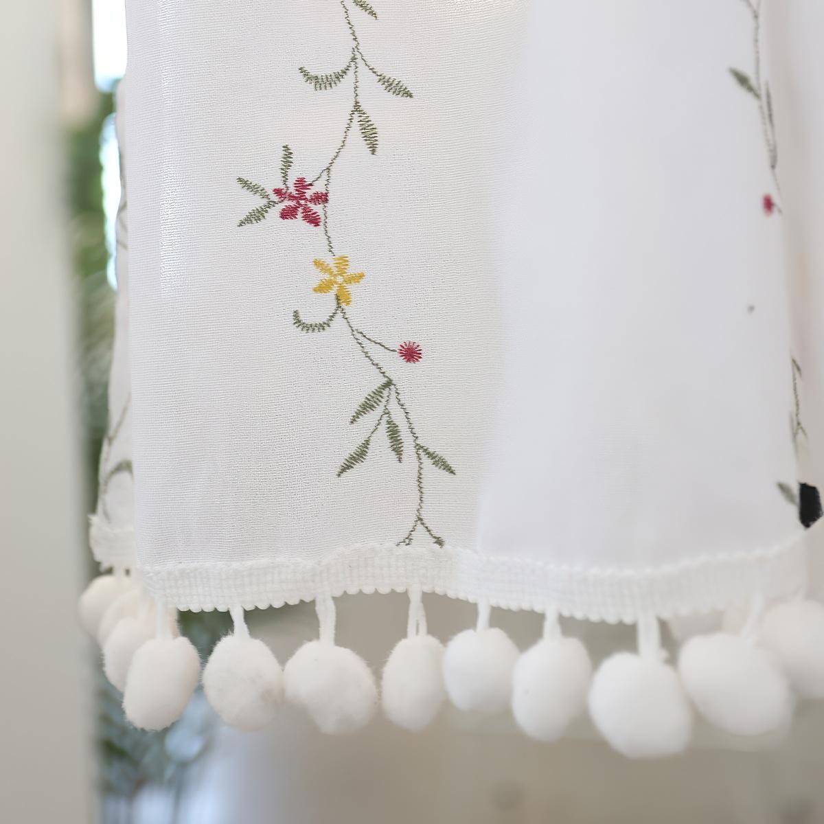 French Country Floral Cafe Curtain: Pom Pom Trim, Width 140cm (55")，Height 40-260cm (16-102")