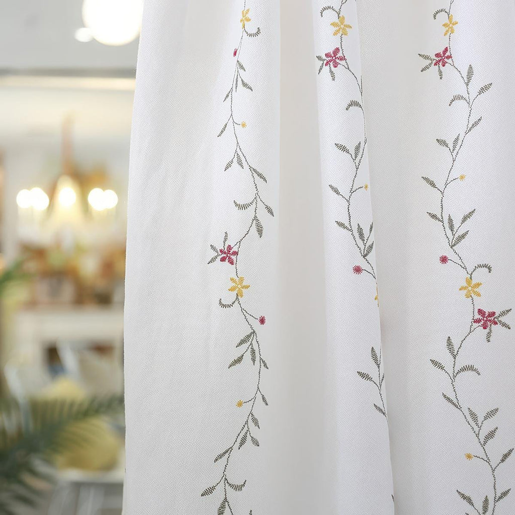 French Country Floral Cafe Curtain: Pom Pom Trim, Width 140cm (55")，Height 40-260cm (16-102")