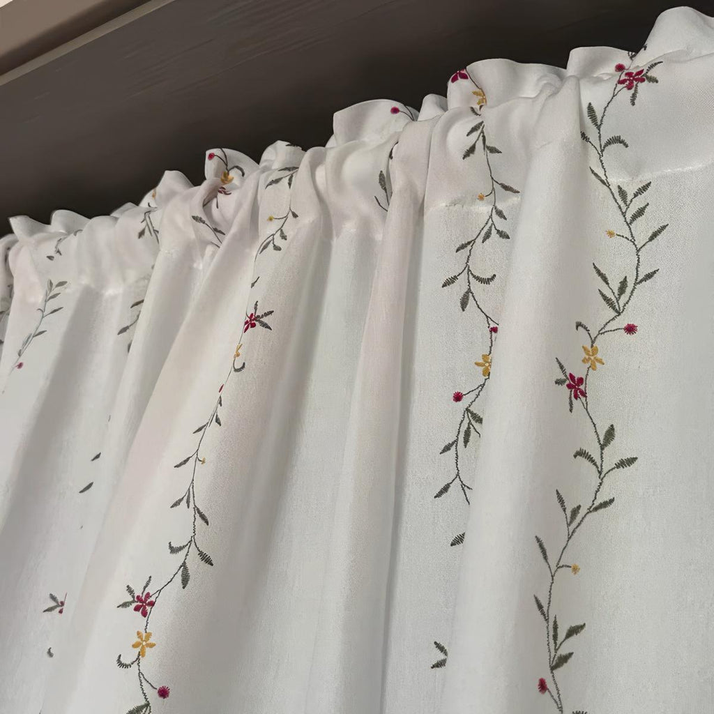 French Country Floral Cafe Curtain: Pom Pom Trim, Width 140cm (55")，Height 40-260cm (16-102")