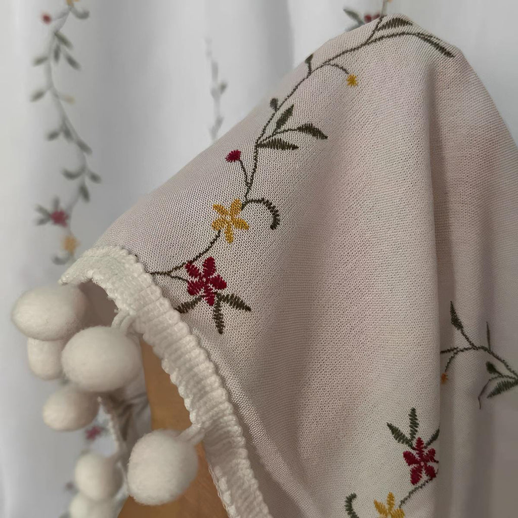 French Country Floral Cafe Curtain: Pom Pom Trim, Width 140cm (55")，Height 40-260cm (16-102")