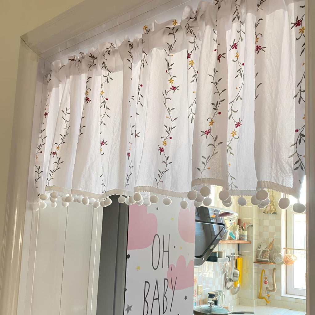 French Country Floral Cafe Curtain: Pom Pom Trim, Width 140cm (55")，Height 40-260cm (16-102")