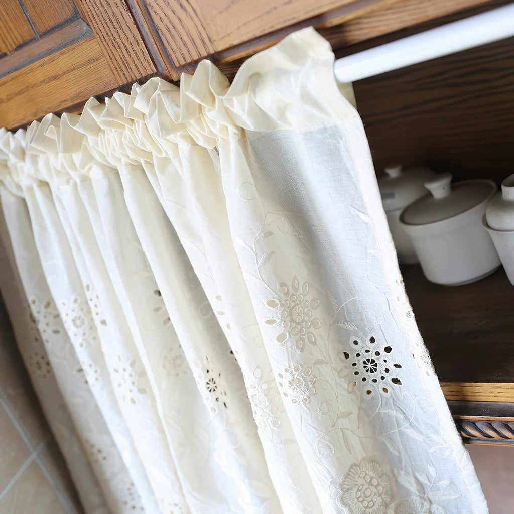 Beige Cotton Cutwork Cafe Curtain: Floral Embroidery, Fixed Height 53cm(21'')