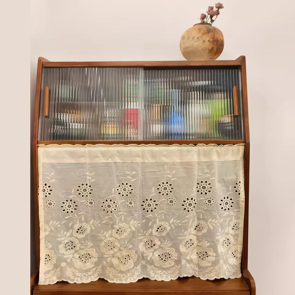 Beige Cotton Cutwork Cafe Curtain: Floral Embroidery, Fixed Height 53cm(21'')