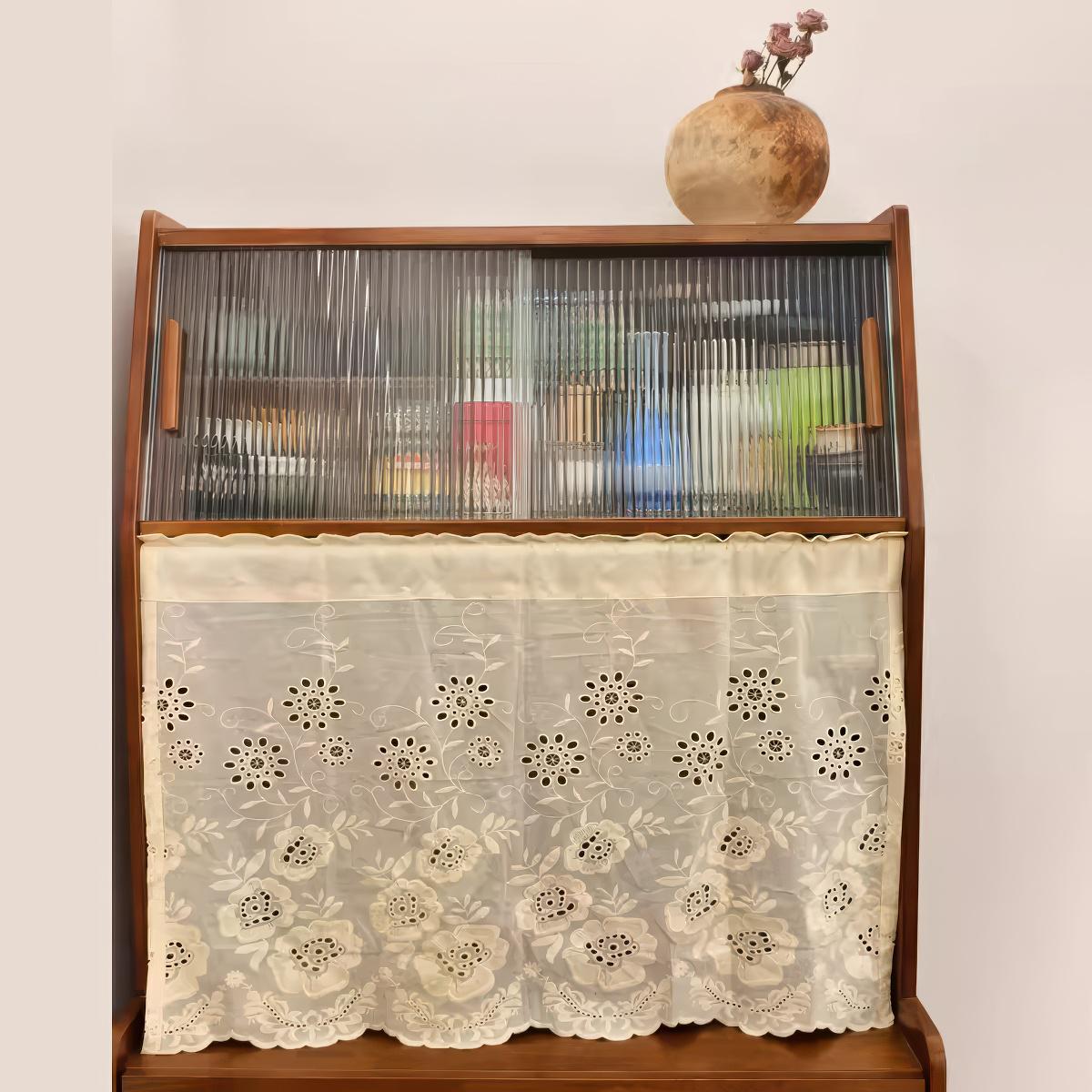 Beige Cotton Cutwork Cafe Curtain: Floral Embroidery, Fixed Height 53cm(21'')