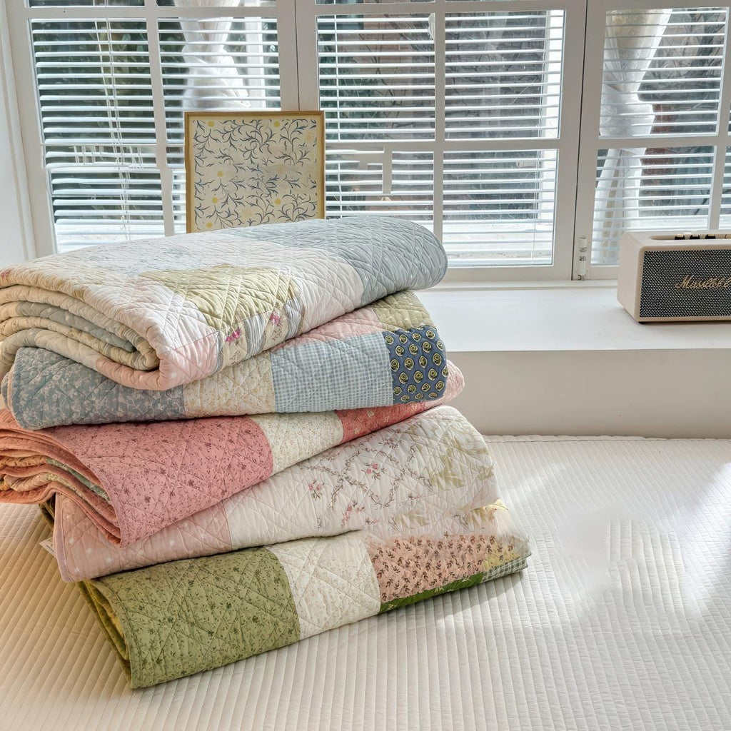 Colorful Cotton Quilt Bedspread , Quilted Coverlet Set, Lightweight Summer Blanket, Boho Farmhouse Bedding Decor