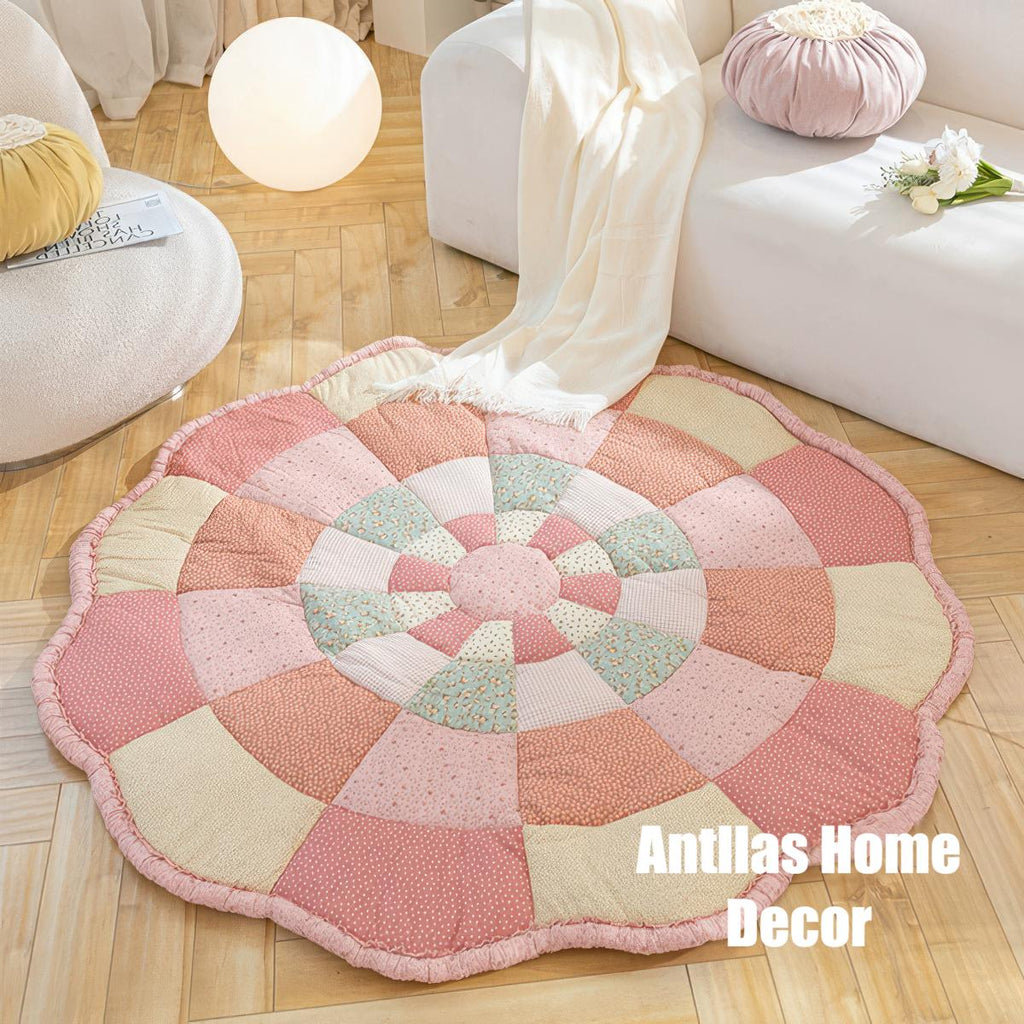 Handmade Cotton Patchwork Play Mat: Floral Nursery Rug (150x150cm)