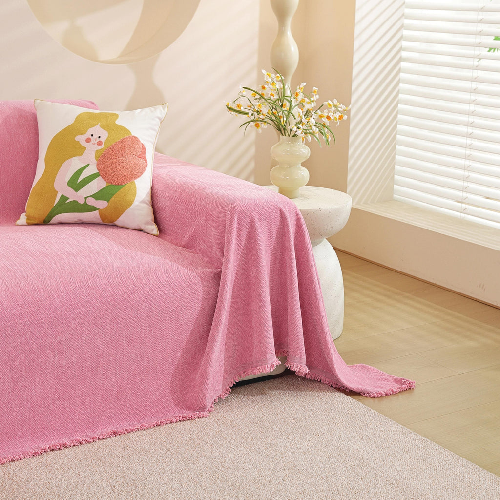 Blush Pink Chenille Bed Throw Blanket: Soft Sofa Cover, Elegant Drape