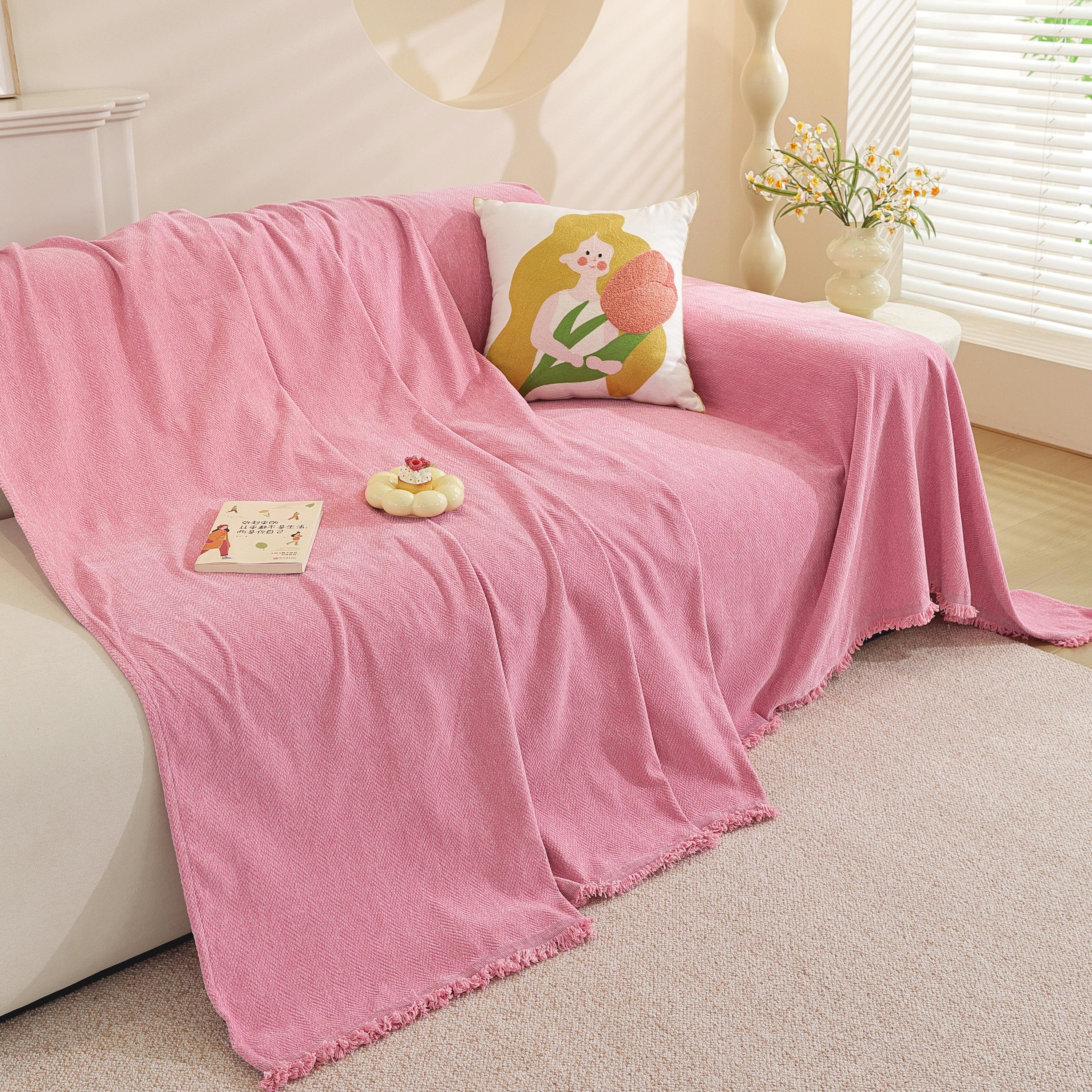 Blush Pink Chenille Bed Throw Blanket: Soft Sofa Cover, Elegant Drape