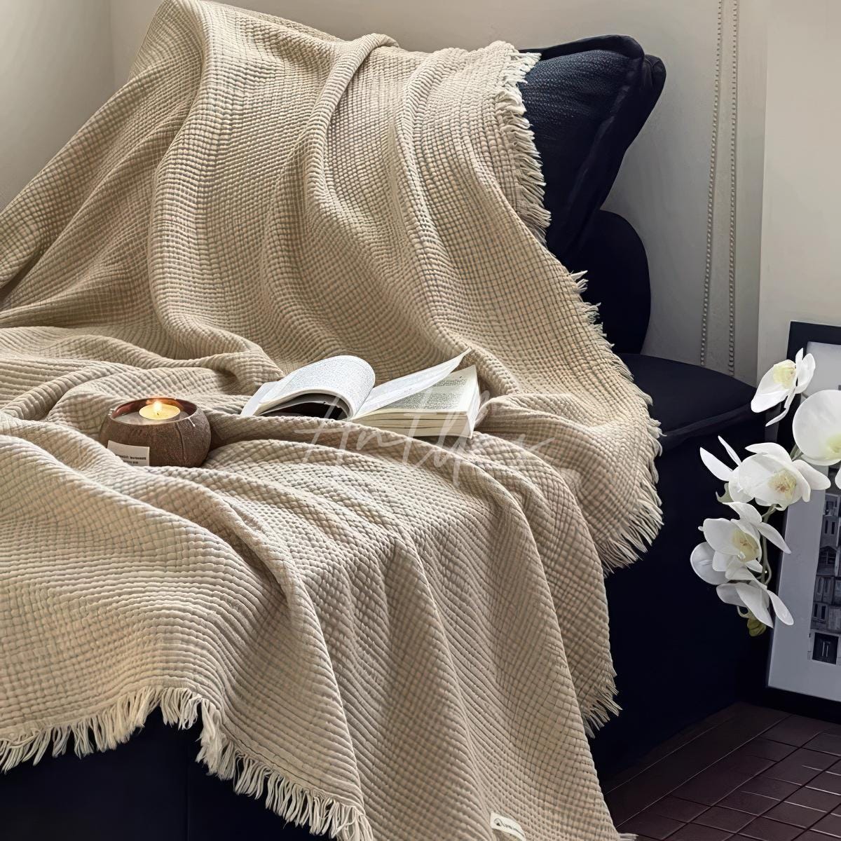 100% Cotton 4-Layer Gauze Blanket, Crinkled Fringe Throw, Maillard Color Sofa Cover, Breathable Drape