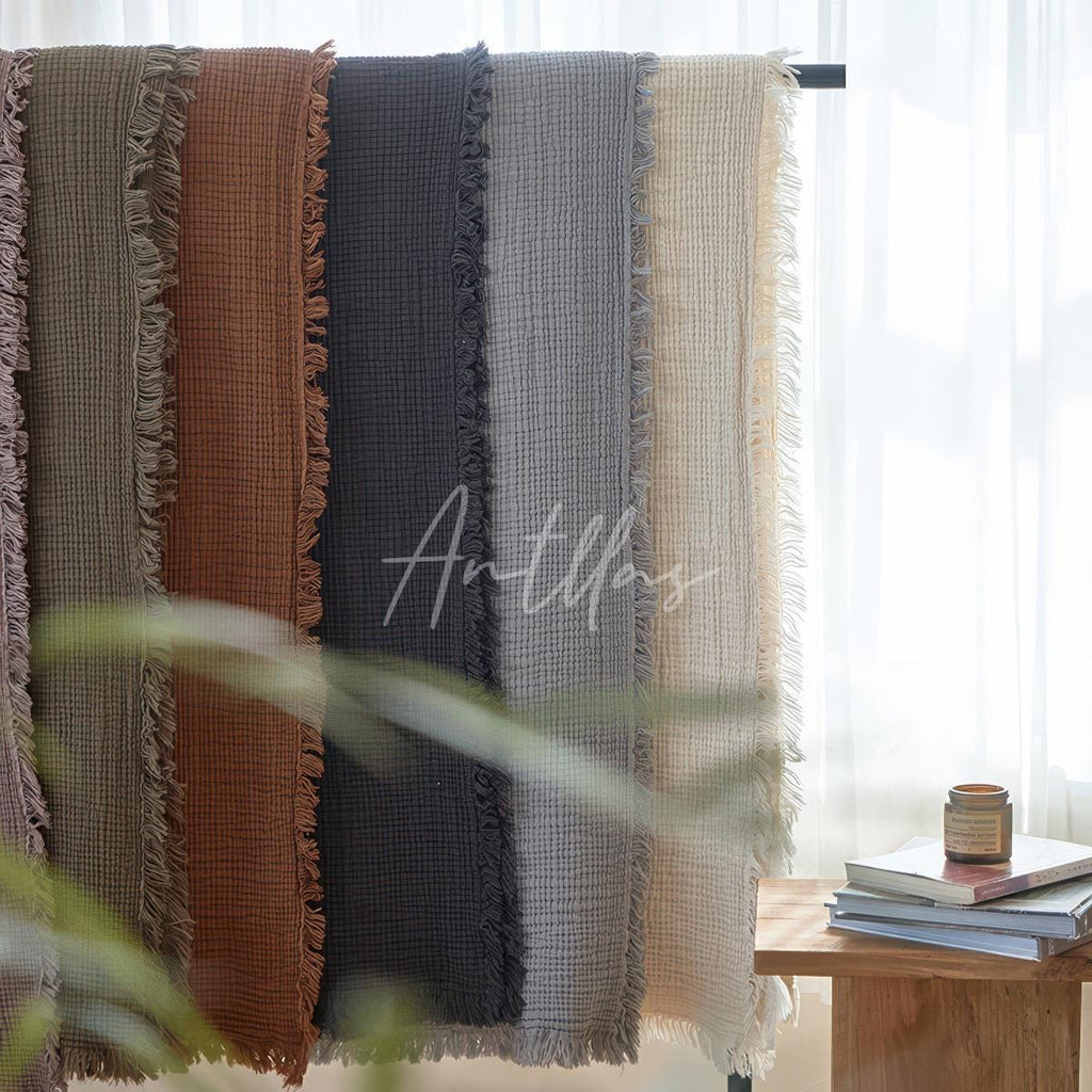 100% Cotton 4-Layer Gauze Blanket, Crinkled Fringe Throw, Maillard Color Sofa Cover, Breathable Drape