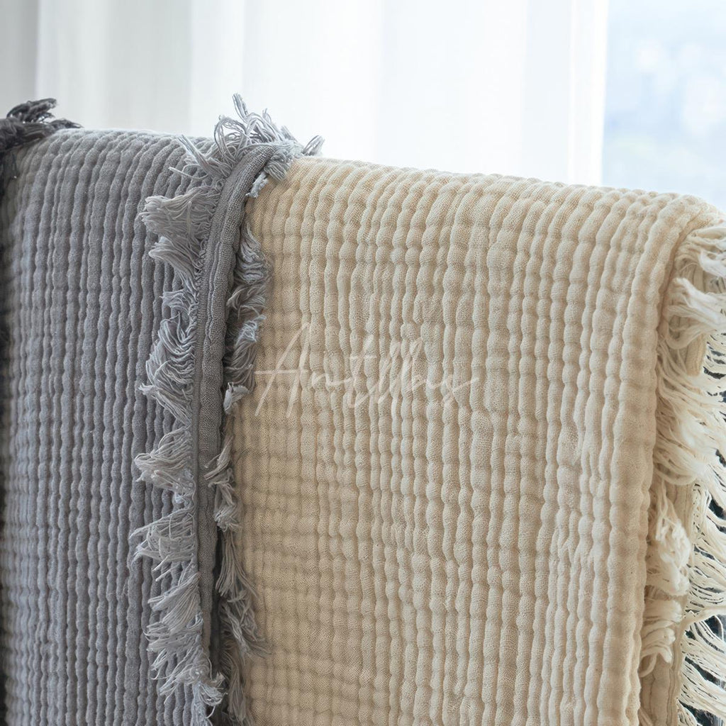 100% Cotton 4-Layer Gauze Blanket, Crinkled Fringe Throw, Maillard Color Sofa Cover, Breathable Drape