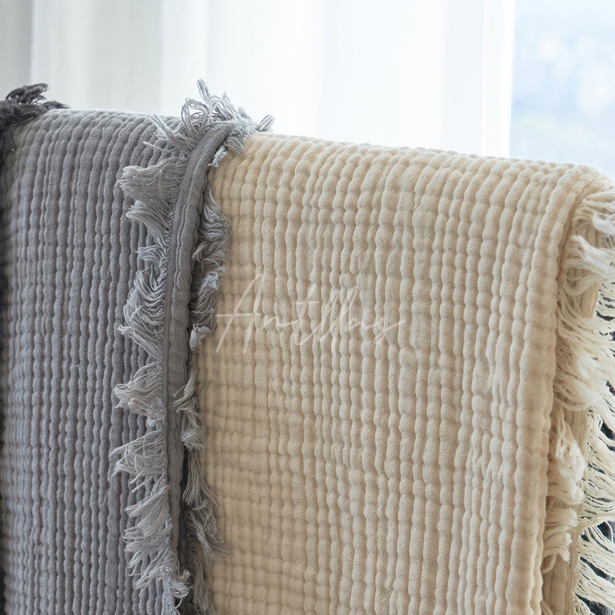 100% Cotton 4-Layer Gauze Blanket, Crinkled Fringe Throw, Maillard Color Sofa Cover, Breathable Drape