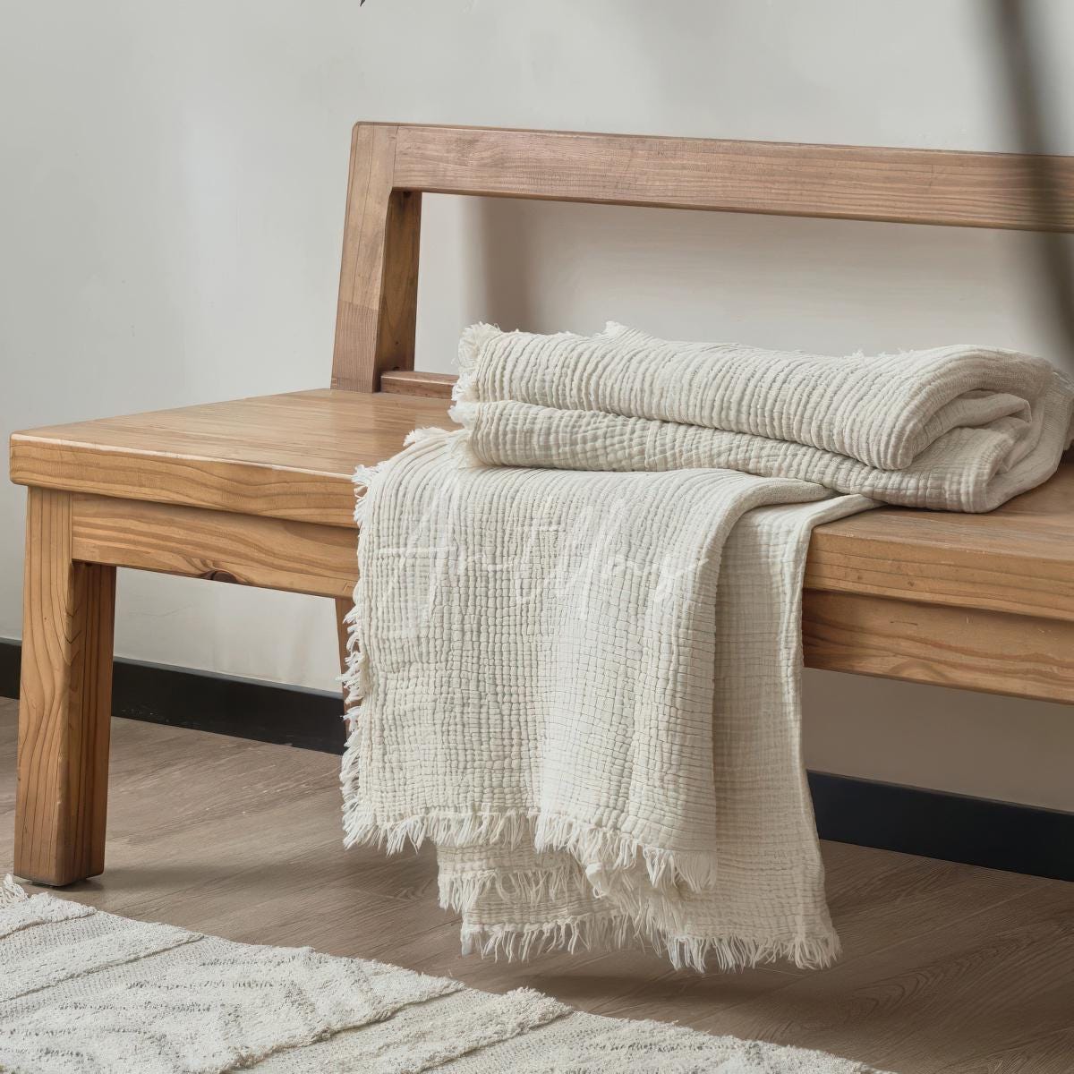 100% Cotton 4-Layer Gauze Blanket, Crinkled Fringe Throw, Maillard Color Sofa Cover, Breathable Drape