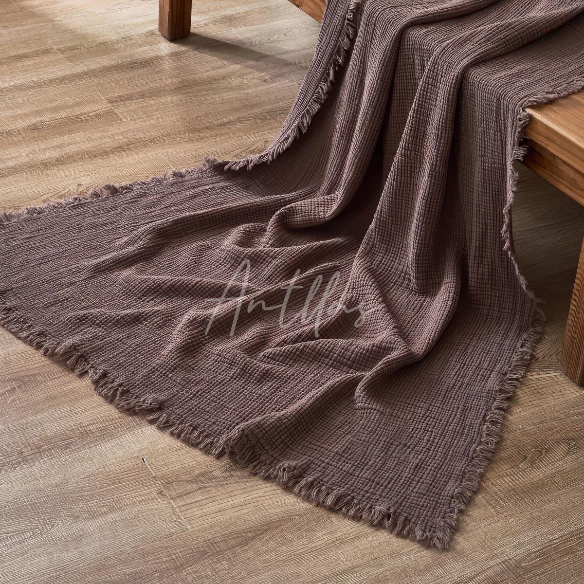 100% Cotton 4-Layer Gauze Blanket, Crinkled Fringe Throw, Maillard Color Sofa Cover, Breathable Drape