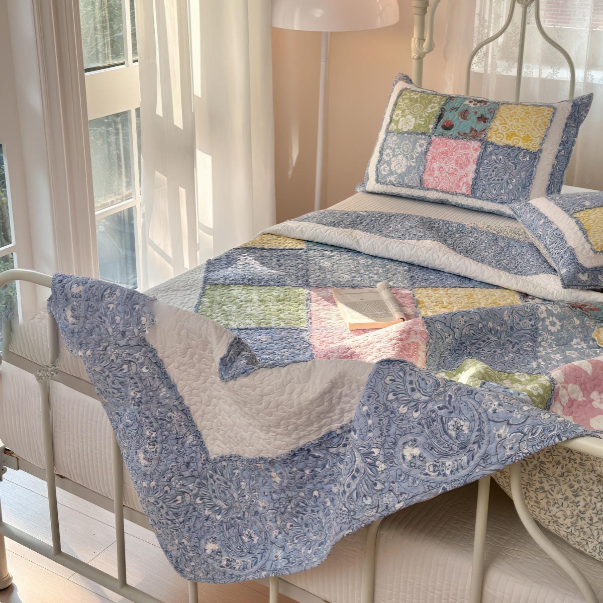 Cotton Patchwork Quilt Set: Boho Farmhouse Bedding with Pillowcases