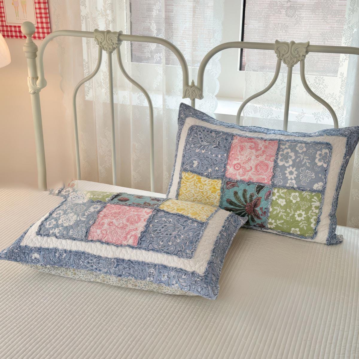 Cotton Patchwork Quilt Set: Boho Farmhouse Bedding with Pillowcases