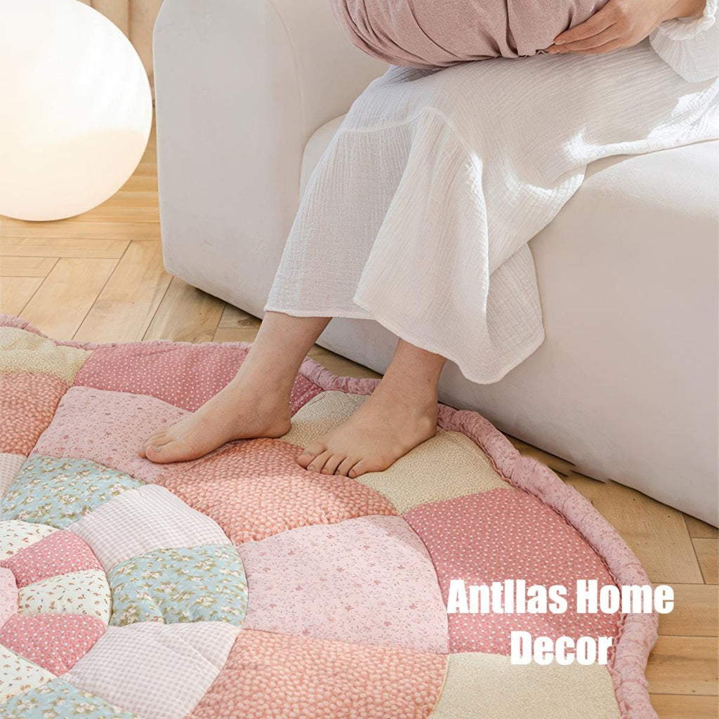 Handmade Cotton Patchwork Play Mat: Floral Nursery Rug (150x150cm)