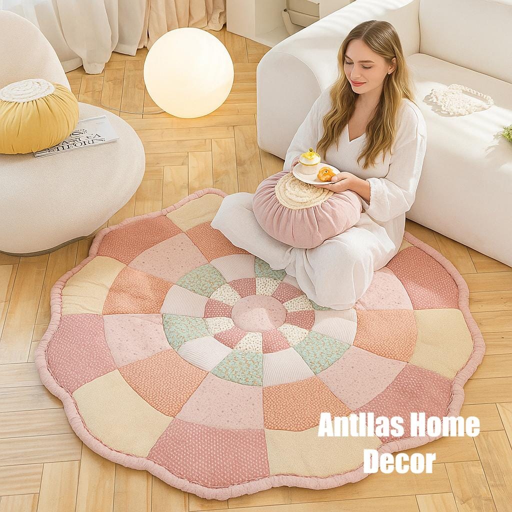 Handmade Cotton Patchwork Play Mat: Floral Nursery Rug (150x150cm)