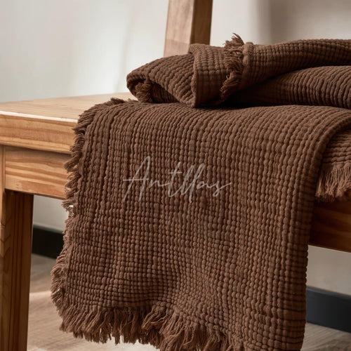 100% Cotton 4-Layer Gauze Blanket, Crinkled Fringe Throw, Maillard Color Sofa Cover, Breathable Drape