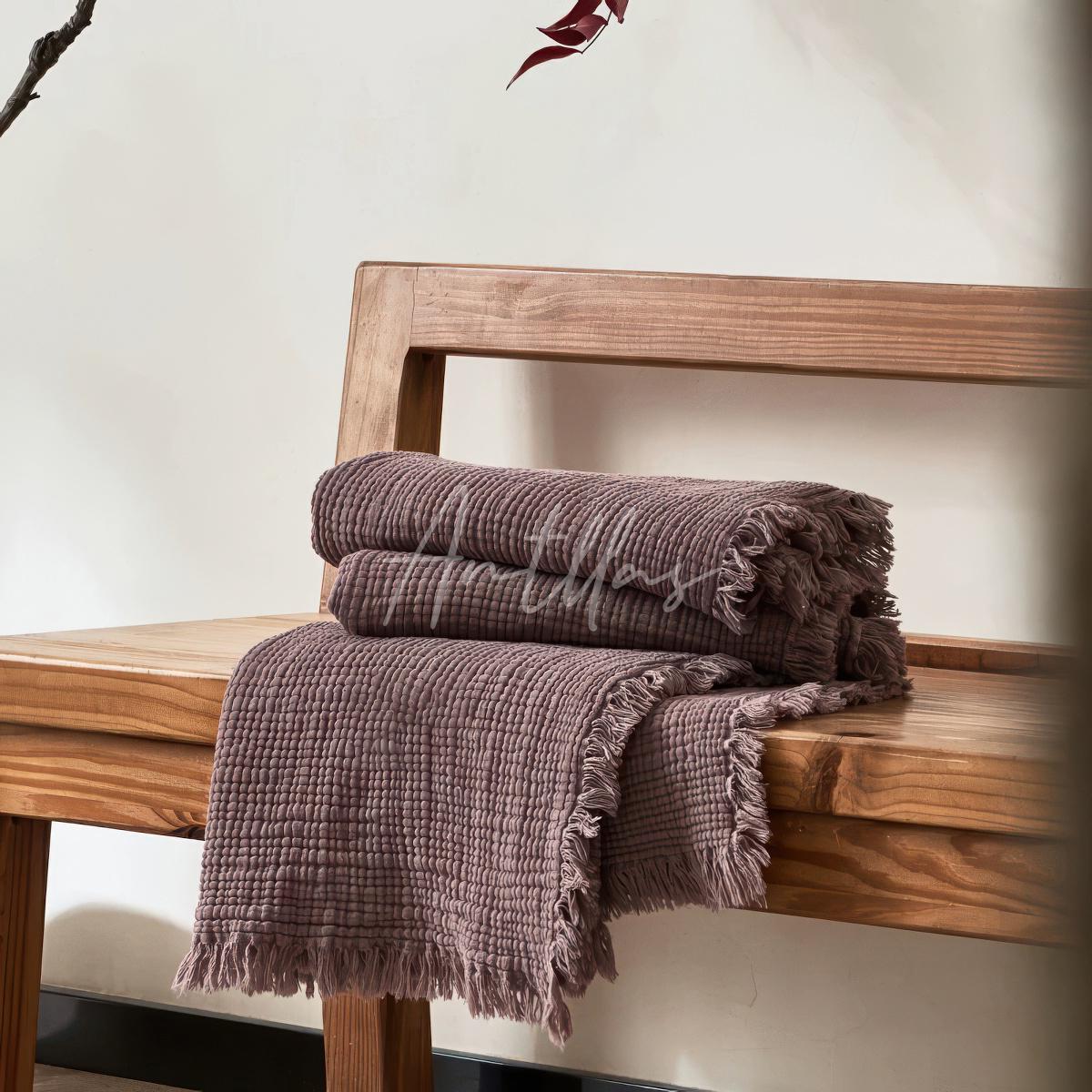 100% Cotton 4-Layer Gauze Blanket, Crinkled Fringe Throw, Maillard Color Sofa Cover, Breathable Drape