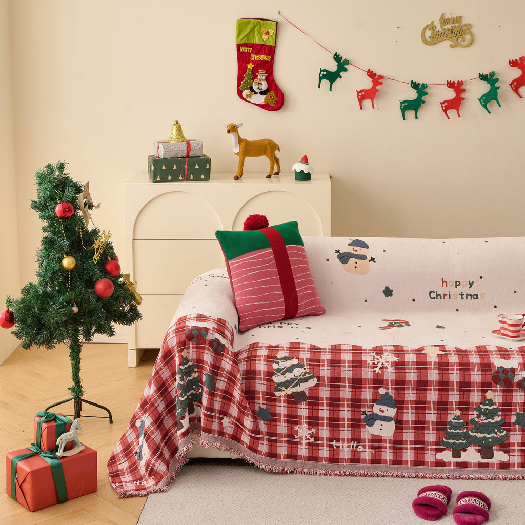 Reversible Christmas Chenille Throw Blanket | Holiday Plaid Sofa Cover