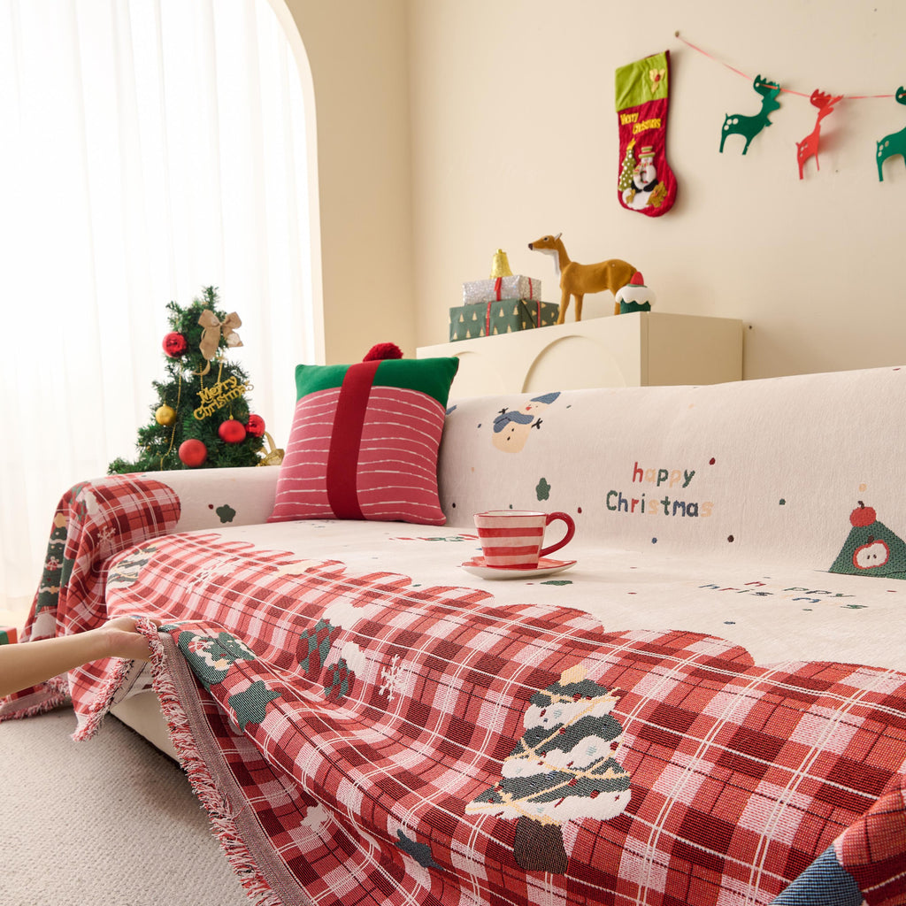 Reversible Christmas Chenille Throw Blanket | Holiday Plaid Sofa Cover