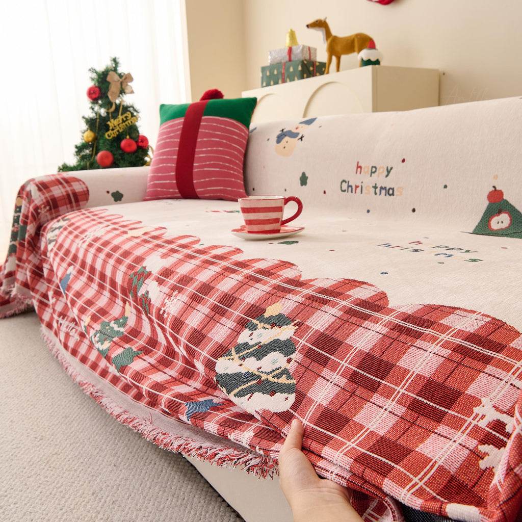 Reversible Christmas Chenille Throw Blanket | Holiday Plaid Sofa Cover