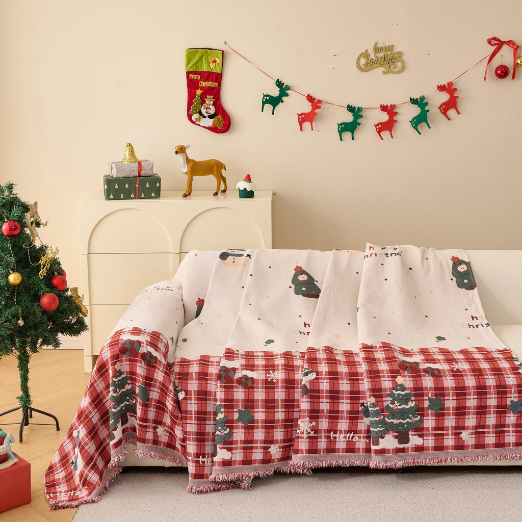 Reversible Christmas Chenille Throw Blanket | Holiday Plaid Sofa Cover