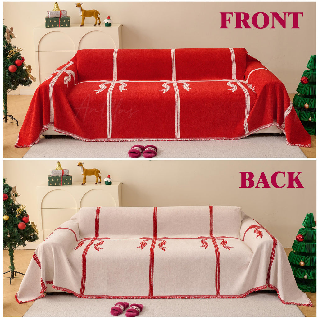 Reversible Chenille Christmas Throw | Red Bowknot Sofa Cover