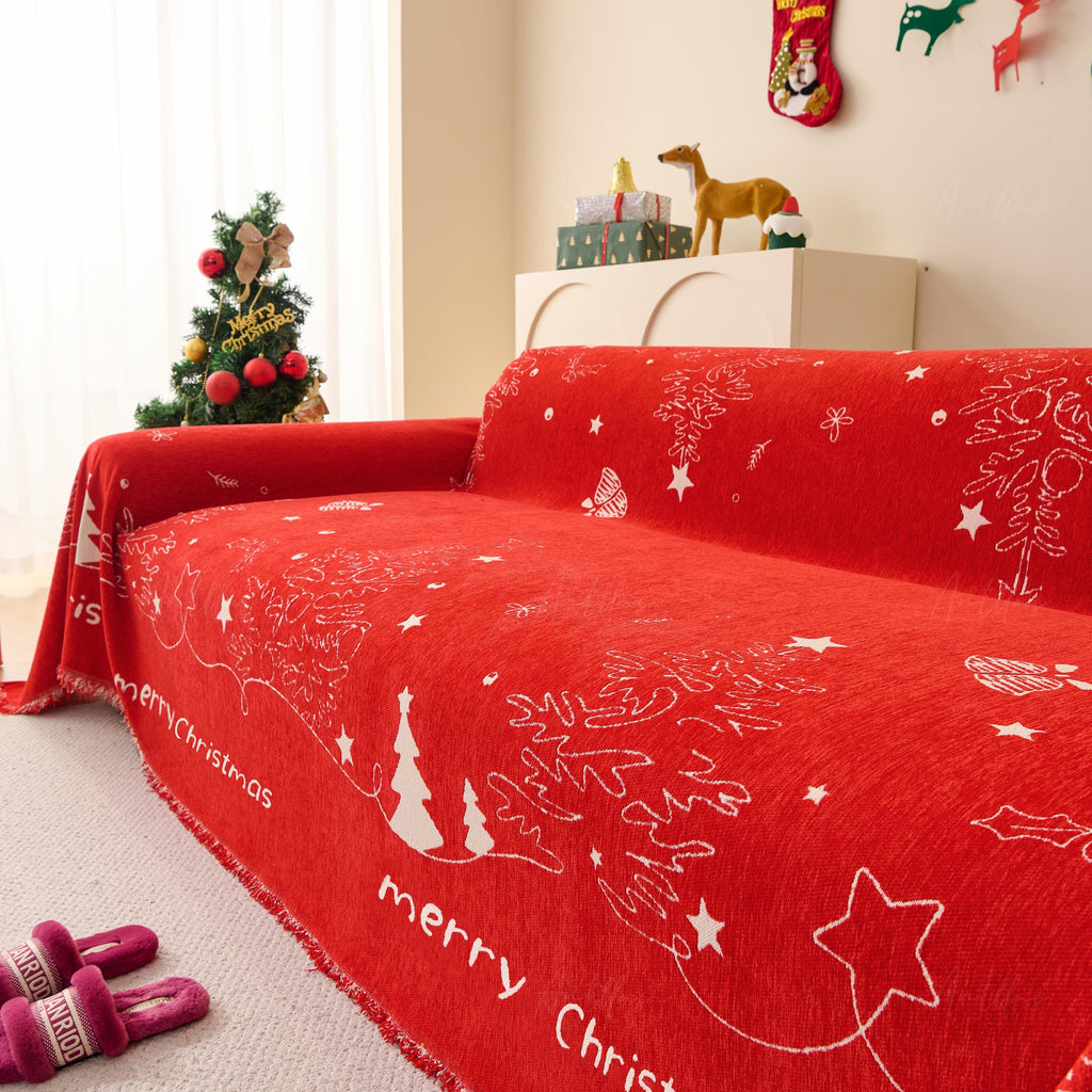 Reversible Chenille Christmas Throw Blanket | Red & White Sofa Cover