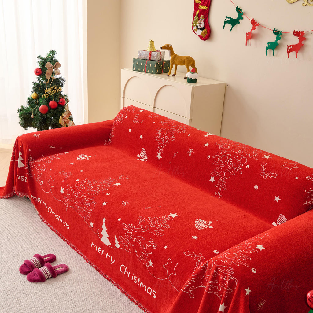 Reversible Chenille Christmas Throw Blanket | Red & White Sofa Cover