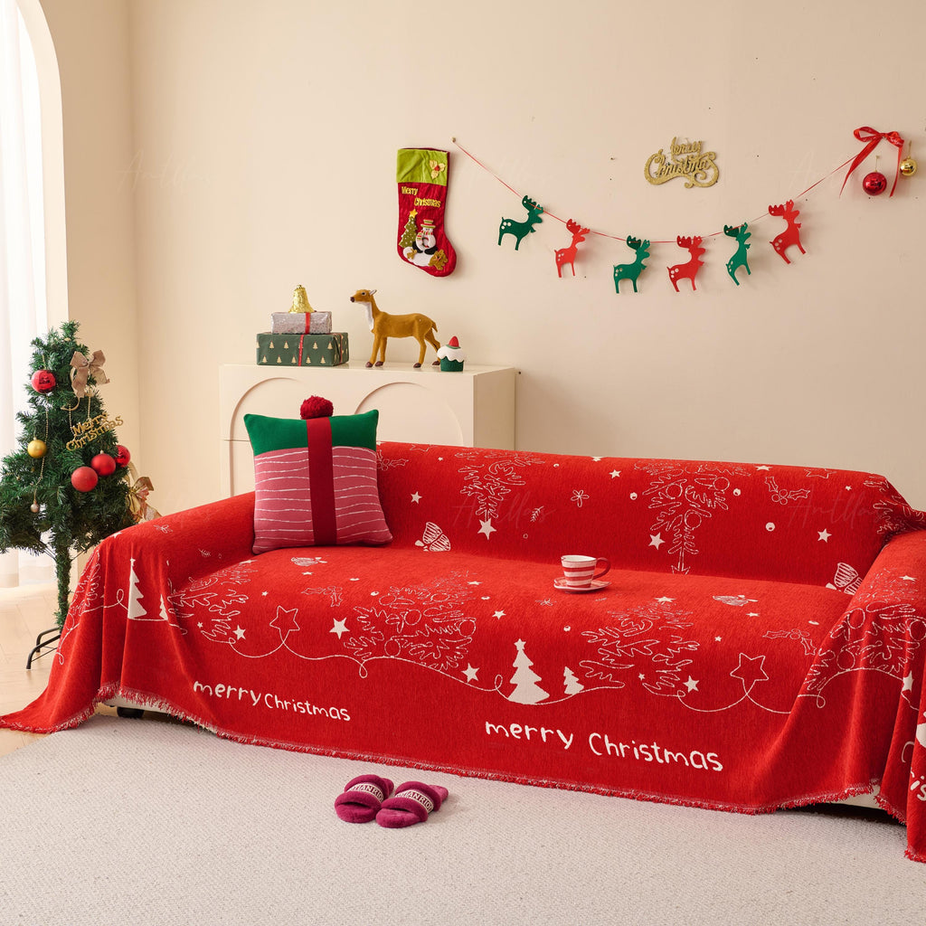 Reversible Chenille Christmas Throw Blanket | Red & White Sofa Cover