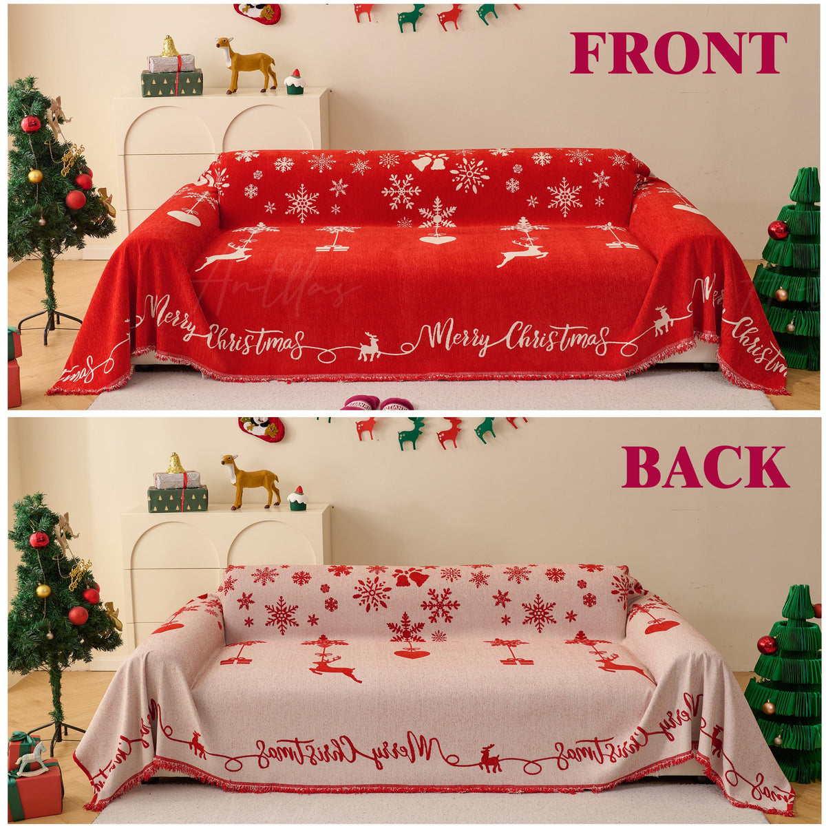 Oversized Chenille Christmas Sofa Cover | Reversible Red Snowflake & Reindeer Throw | Festive Holiday Furniture Protector