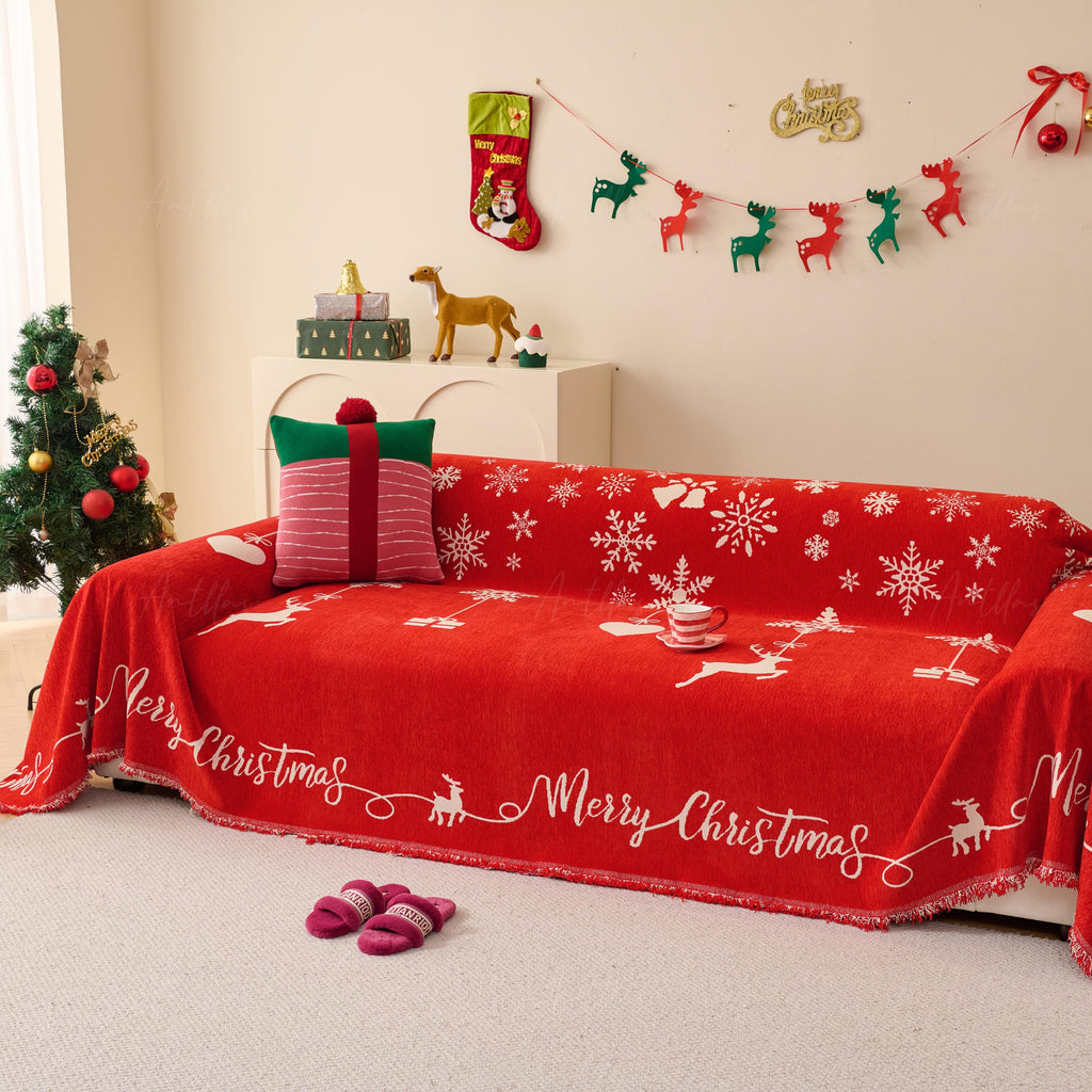 Oversized Chenille Christmas Sofa Cover | Reversible Red Snowflake & Reindeer Throw | Festive Holiday Furniture Protector
