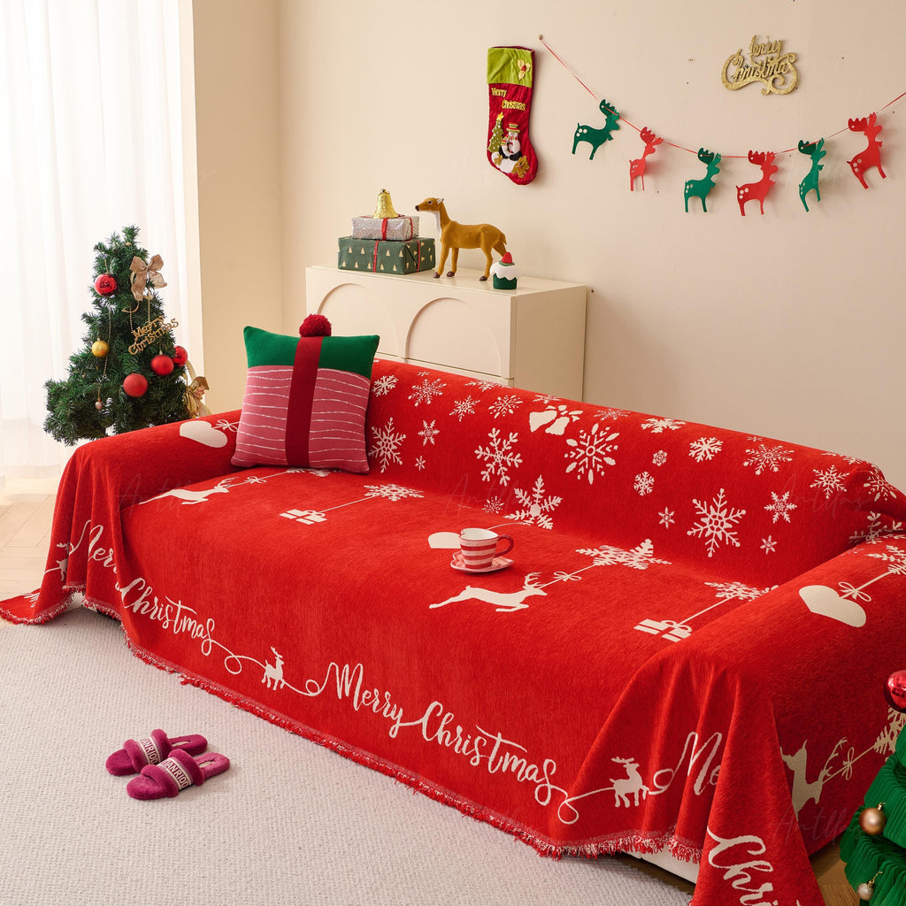 Oversized Chenille Christmas Sofa Cover | Reversible Red Snowflake & Reindeer Throw | Festive Holiday Furniture Protector