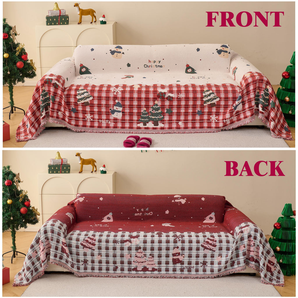 Reversible Christmas Chenille Throw Blanket | Holiday Plaid Sofa Cover