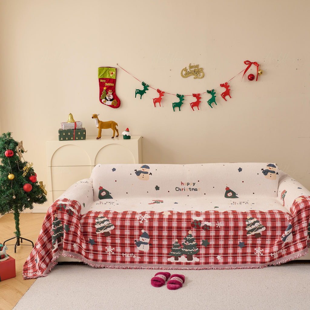 Reversible Christmas Chenille Throw Blanket | Holiday Plaid Sofa Cover