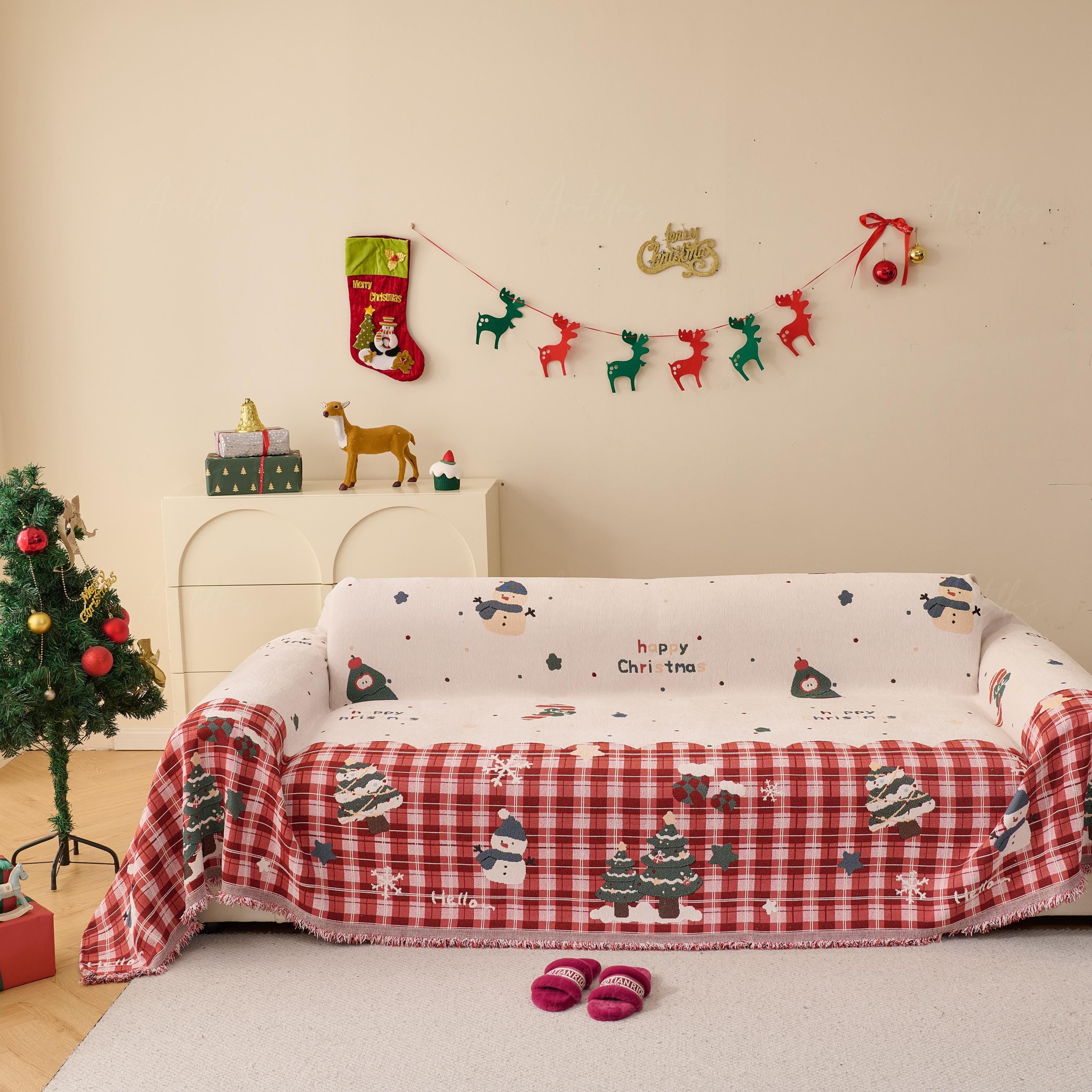 Reversible Christmas Chenille Throw Blanket | Holiday Plaid Sofa Cover